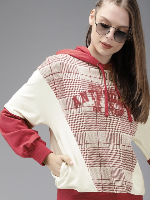 

Roadster Women Rust Red & Off-White Printed Hooded Sweatshirt