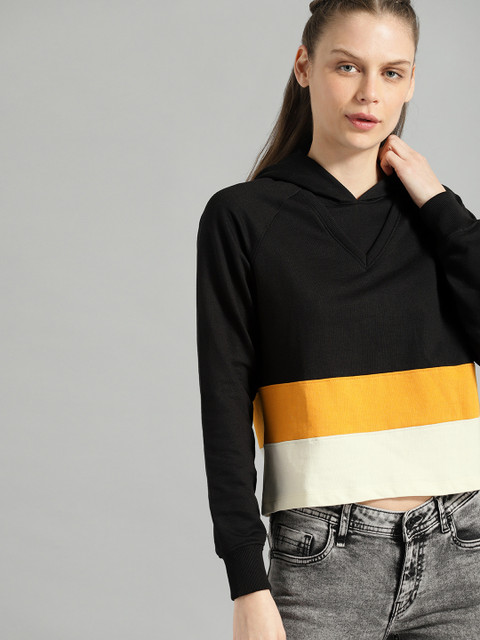 

Roadster Women Black & Yellow Colourblocked Hooded Sweatshirt