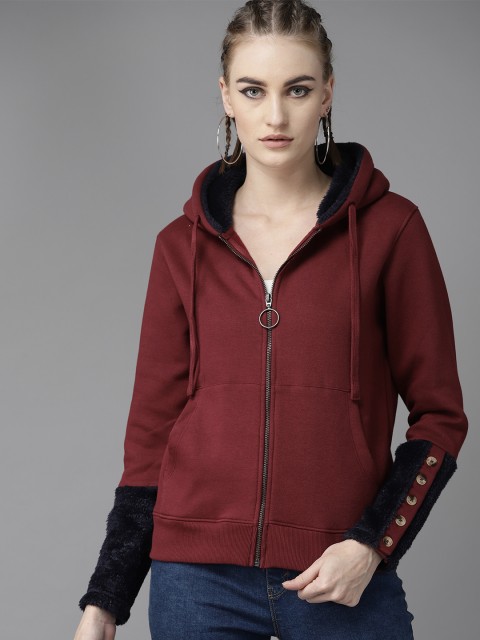 

Roadster Women Maroon Faux Fur Detail Hooded Solid Sweatshirt