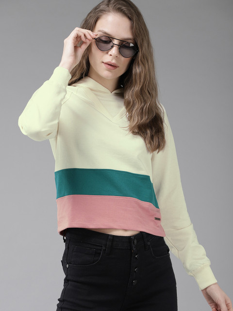 

Roadster Women Cream-Coloured & Teal Blue Colourblocked Hooded Sweatshirt