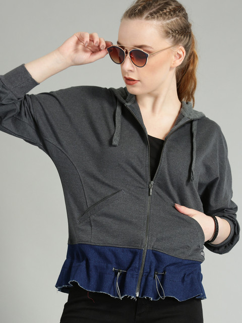 

Roadster Women Charcoal Grey & Navy Blue Colourblocked Hooded Sweatshirt