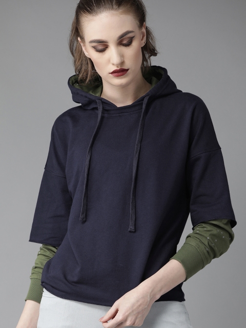 

Roadster Women Navy Blue & Olive Green Solid Hooded Sweatshirt