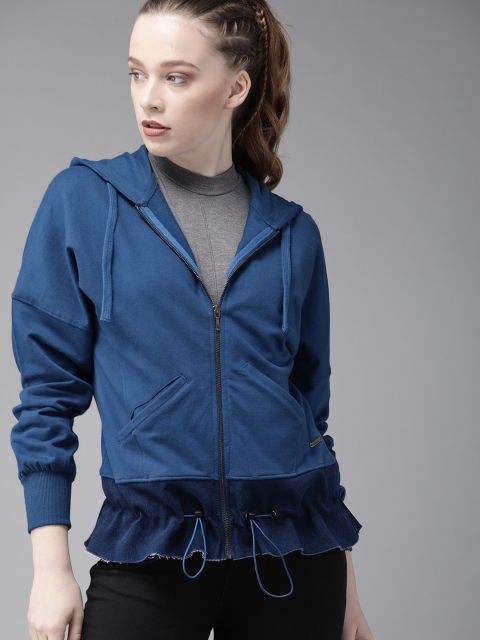 

Roadster Women Teal Blue Solid Hooded Front-Open Sweatshirt
