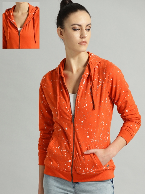 

Roadster Women Orange & White Printed Reversible Hooded Sweatshirt