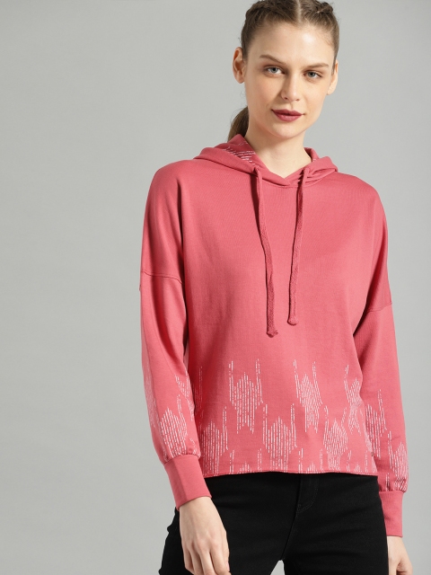 

Roadster Women Coral Red & White Printed Hooded Pullover Sweatshirt