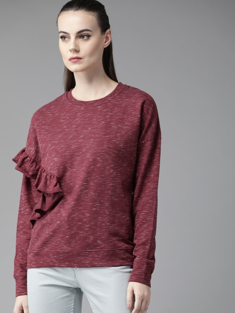 

Roadster Women Burgundy & White Self Design Sweatshirt