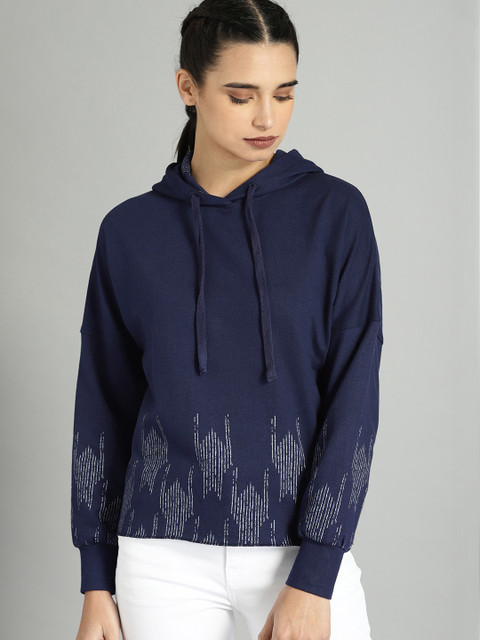

Roadster Women Navy Blue & White Printed Hooded Sweatshirt