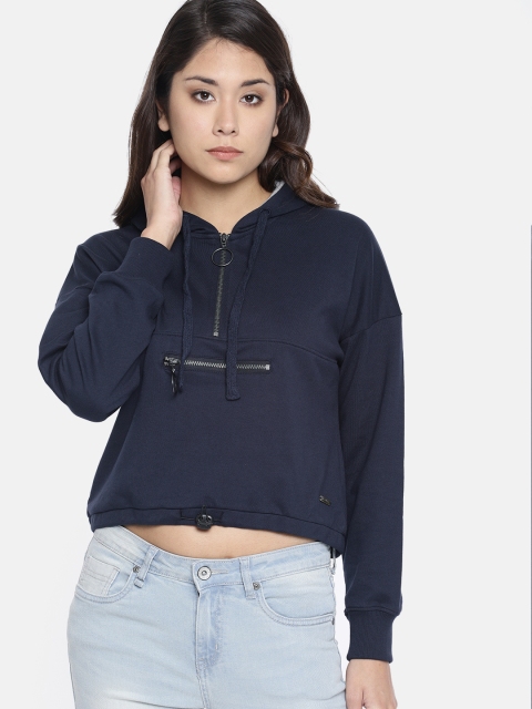 

Roadster Women Navy Blue Solid Hooded Cropped Sweatshirt