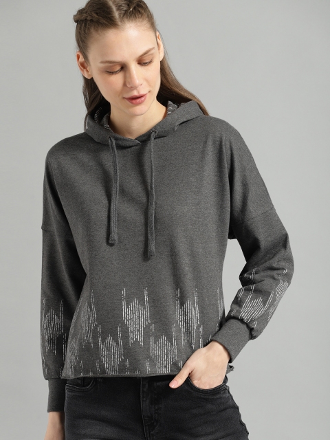 

Roadster Women Grey & White Printed Hooded Sweatshirt