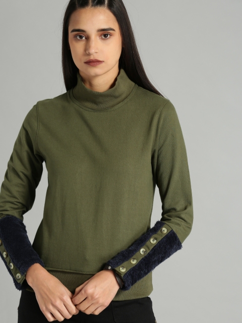 

Roadster Women Olive Green Solid Pullover Sweatshirt