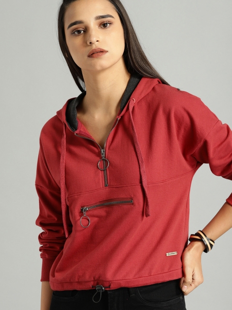 

Roadster Women Red Solid Hooded Sweatshirt
