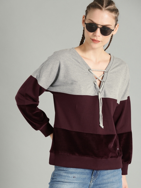 

Roadster Women Burgundy & Grey Colourblocked Sweatshirt