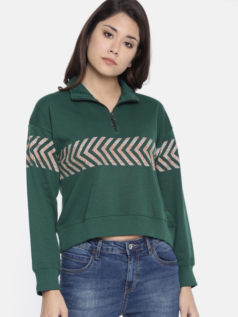 

Roadster Women Green Printed Cropped Sweatshirt