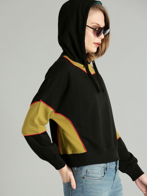 

Roadster Women Black & Olive Green Colourblocked Hooded Sweatshirt