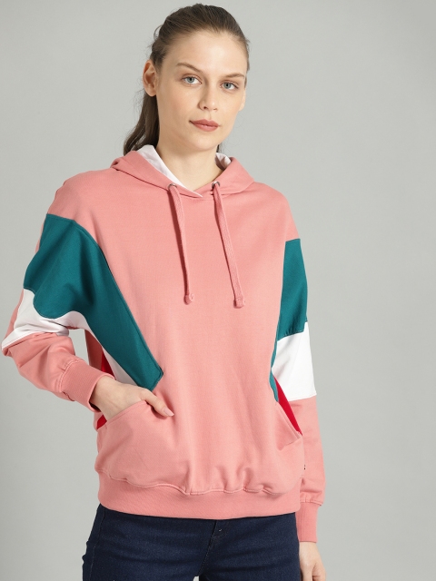 

Roadster Women Pink & Teal Green Colourblocked Hooded Pullover Sweatshirt