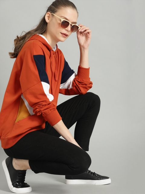 

Roadster Women Rust Orange & Navy Blue Colourblocked Hooded Pullover Sweatshirt