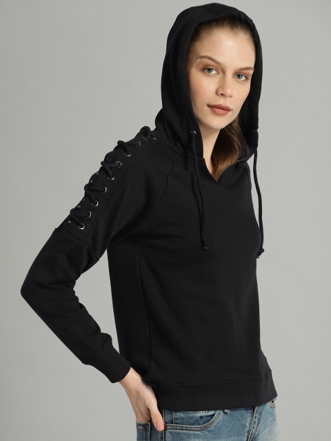 

Roadster Women Black Solid Hooded Pullover Sweatshirt