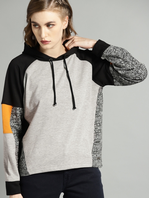 

Roadster Women Grey Melange & Black Colourblocked Hooded Sweatshirt