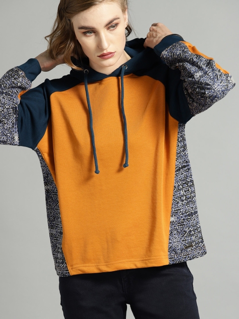 

The Roadster Lifestyle Co Women Orange & Navy Blue Colourblocked Hooded Sweatshirt
