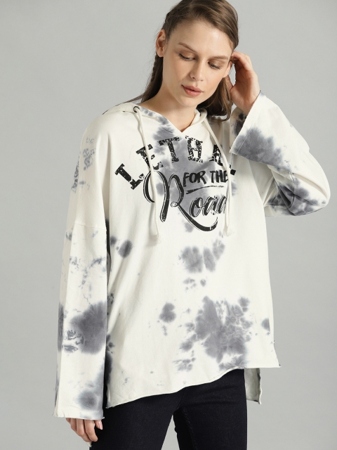 

Roadster Women White & Grey Printed Hooded Tie & Dye Sweatshirt