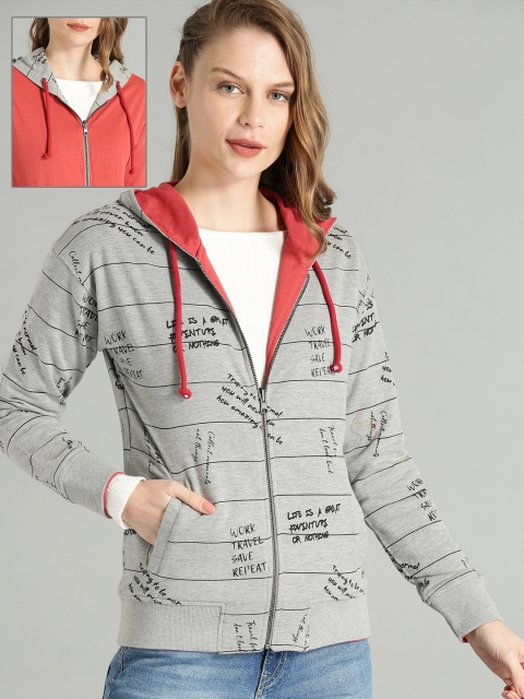 

Roadster Women Grey Melange & Red Printed Hooded Reversible Sweatshirt