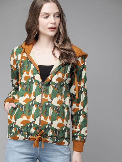 

Roadster Women Green & Brown Printed Hooded Sweatshirt