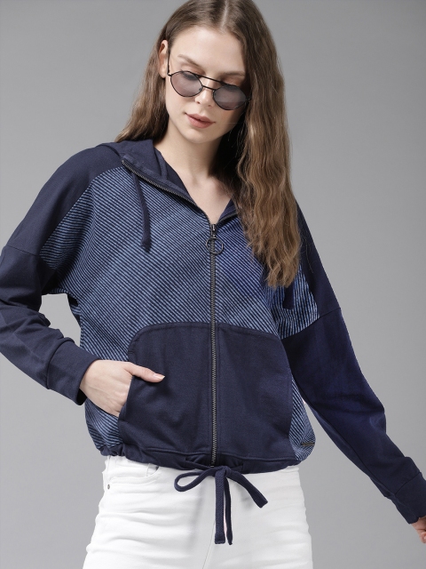 

Roadster Women Navy Blue Printed Hooded Sweatshirt