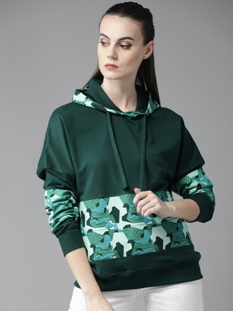 

Roadster Women Green Printed Hooded Sweatshirt