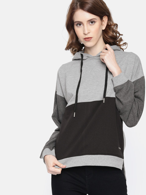 

Roadster Women Black & Grey Melange Colourblocked Hooded Sweatshirt