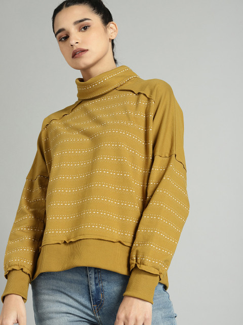 

Roadster Women Mustard Yellow & Off-White Striped Sweatshirt
