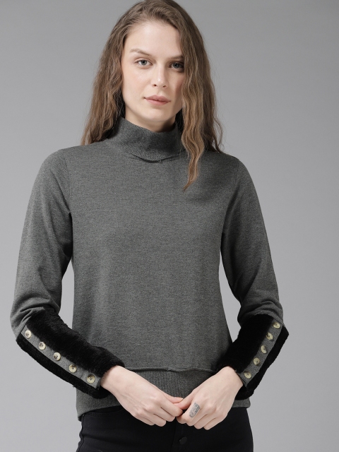 

Roadster Women Charcoal Grey Solid Sweatshirt