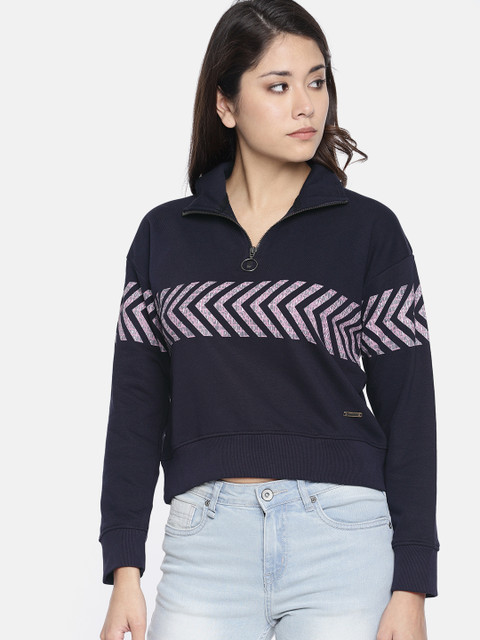 

Roadster Women Navy Blue Printed Cropped Sweatshirt