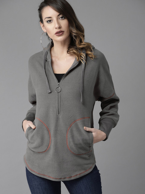 

Roadster Women Charcoal Grey Solid Hooded Sweatshirt