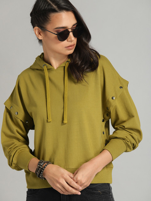 

Roadster Women Green Solid Hooded Sweatshirt with Detachable Sleeves