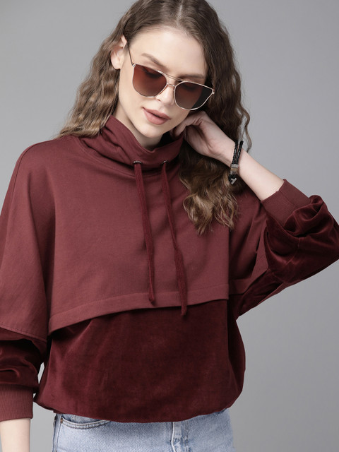 

Roadster Women Burgundy Colourblocked Velvet Pullover Sweatshirt