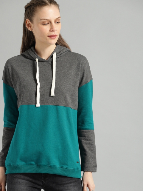 

Roadster Women Grey & Teal Colourblocked Hooded Sweatshirt