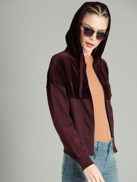 

Roadster Women Burgundy Solid Hooded Sweatshirt