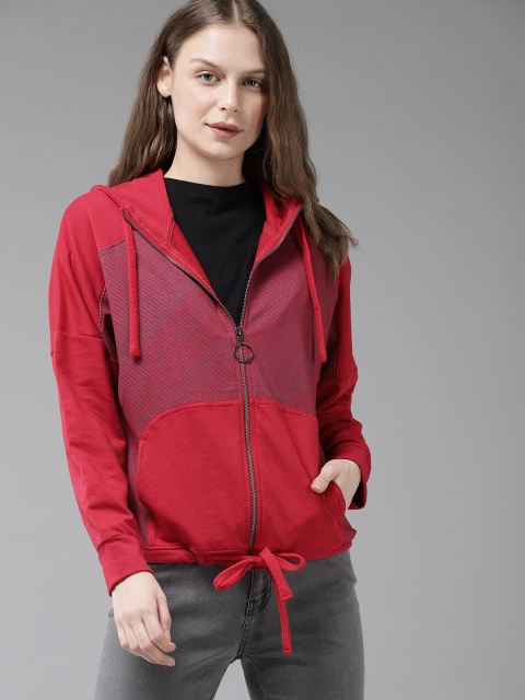 

Roadster Women Red & Blue Striped Hooded Sweatshirt