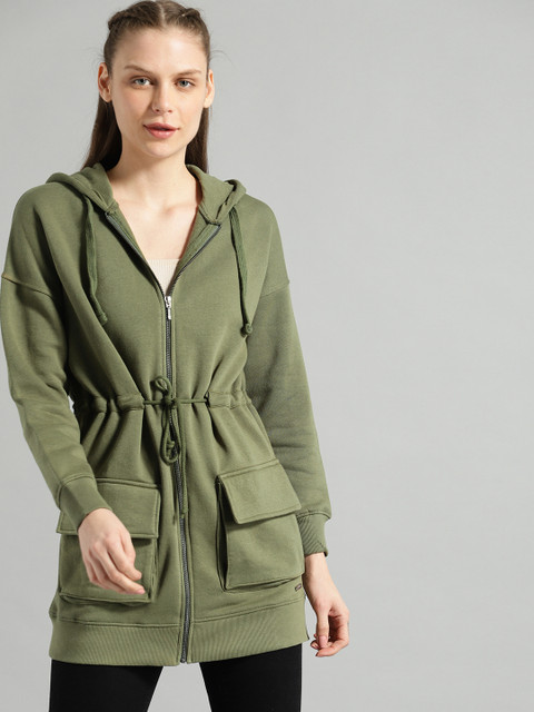 

Roadster Women Olive Green Solid Hooded Sweatshirt