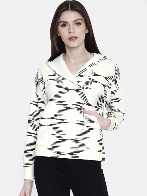 

Roadster Women White & Black Printed Hooded Sweatshirt