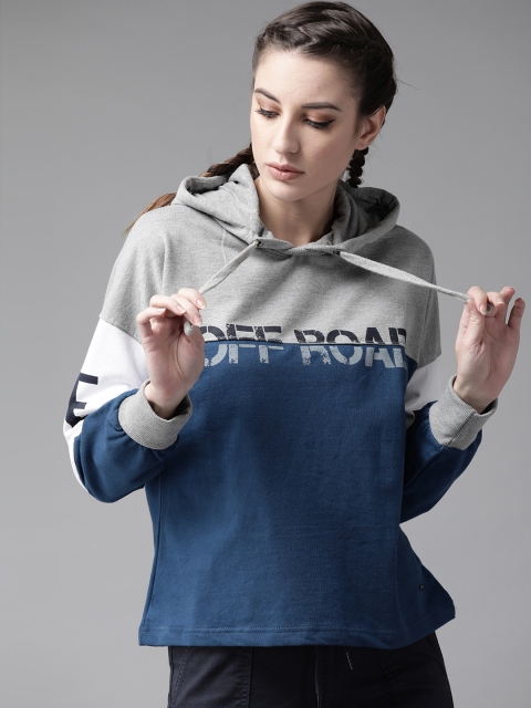 

Roadster Women Navy Blue & Grey Melange Colourblocked Hooded Sweatshirt