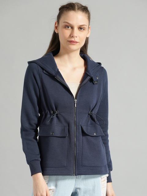 

Roadster Women Navy Blue Solid Hooded Sweatshirt