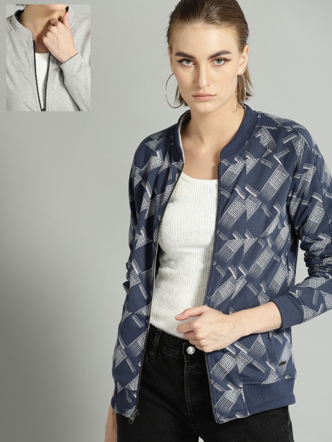 

Roadster Women Navy Blue & Grey Melange Printed Reversible Sweatshirt
