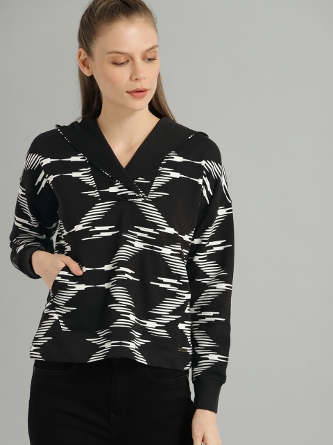 

Roadster Women Black & White Printed Hooded Pullover Sweatshirt