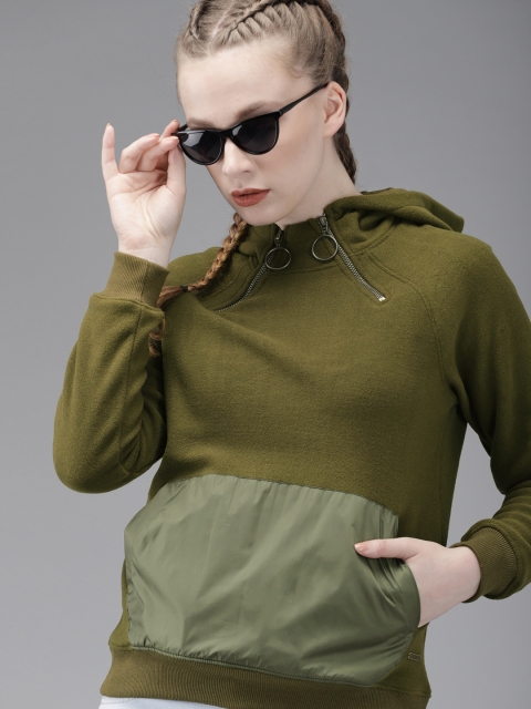 

Roadster Women Olive Green Solid Hooded Sweatshirt