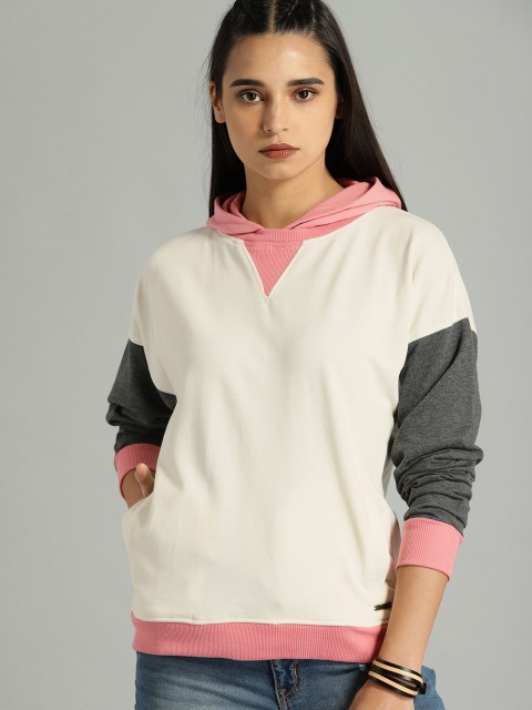 

Roadster Women Off-White & Pink Colourblocked Hooded Sweatshirt