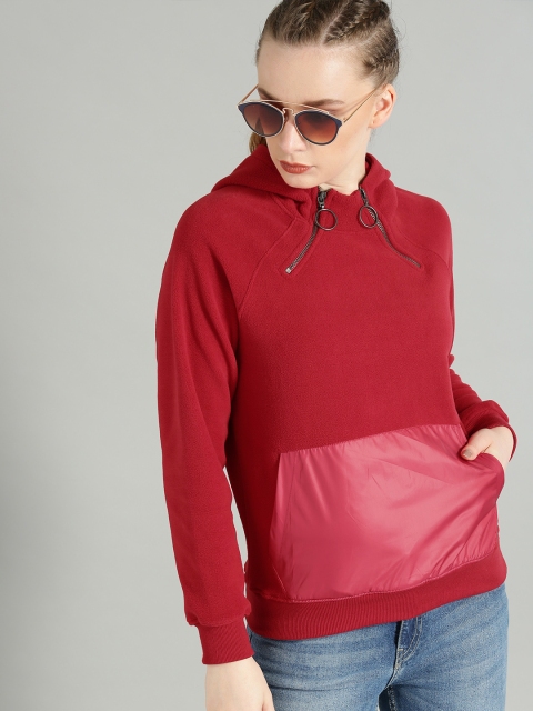 

Roadster Women Red Solid Hooded Sweatshirt
