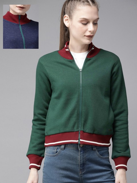 

The Roadster Lifestyle Co Women Green & Navy Blue Solid Reversible Sweatshirt