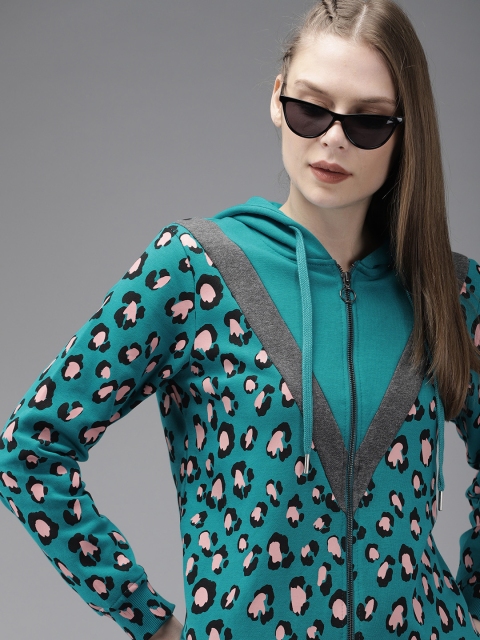 

Roadster Women Teal Blue & Pink Printed Hooded Sweatshirt