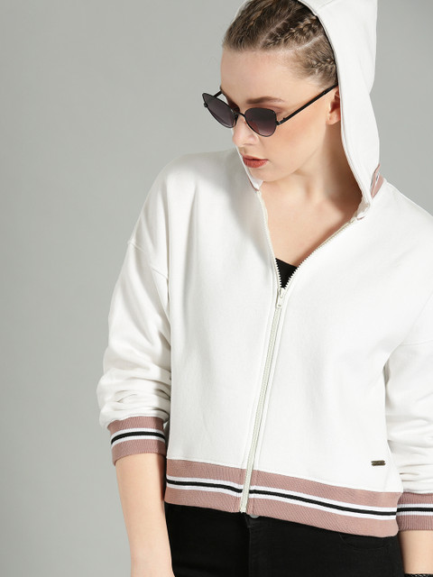 

The Roadster Lifestyle Co Women Off-White Solid Hooded Sweatshirt